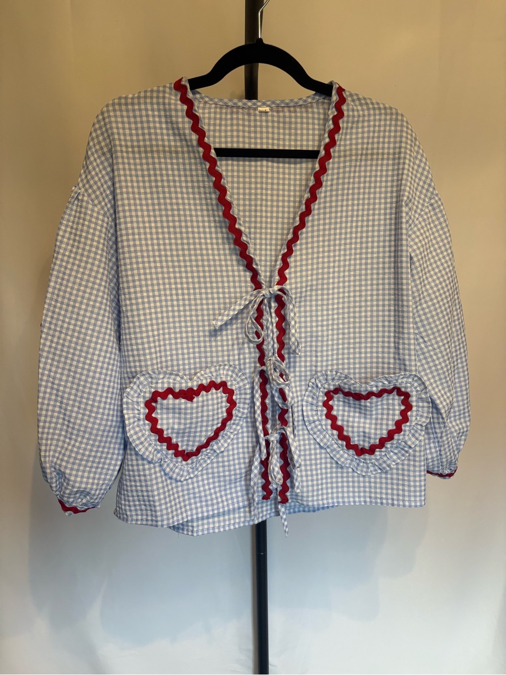 Blue Gingham Tie-Front Blouse with Red Trim